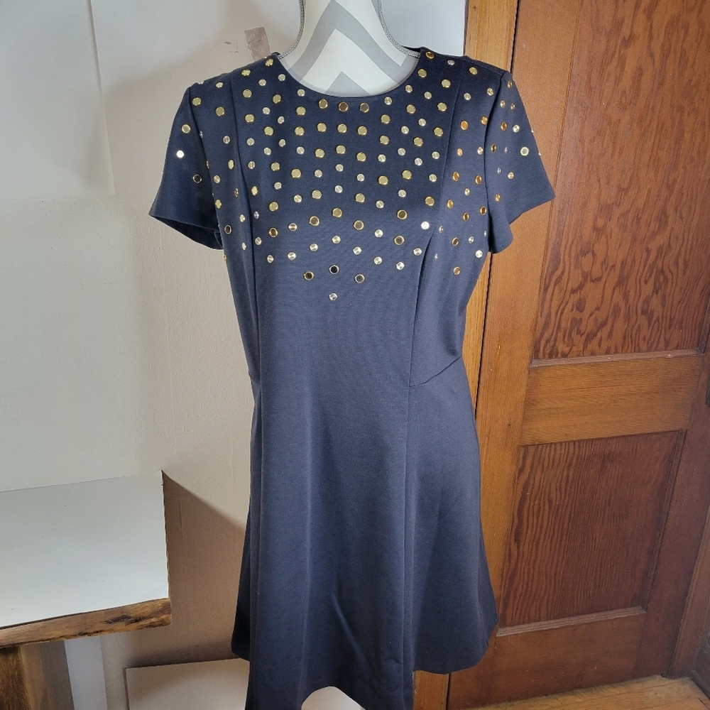 Womans Michael Kors Blue/Gold Studded Dress SS Size tag Missing Measures large